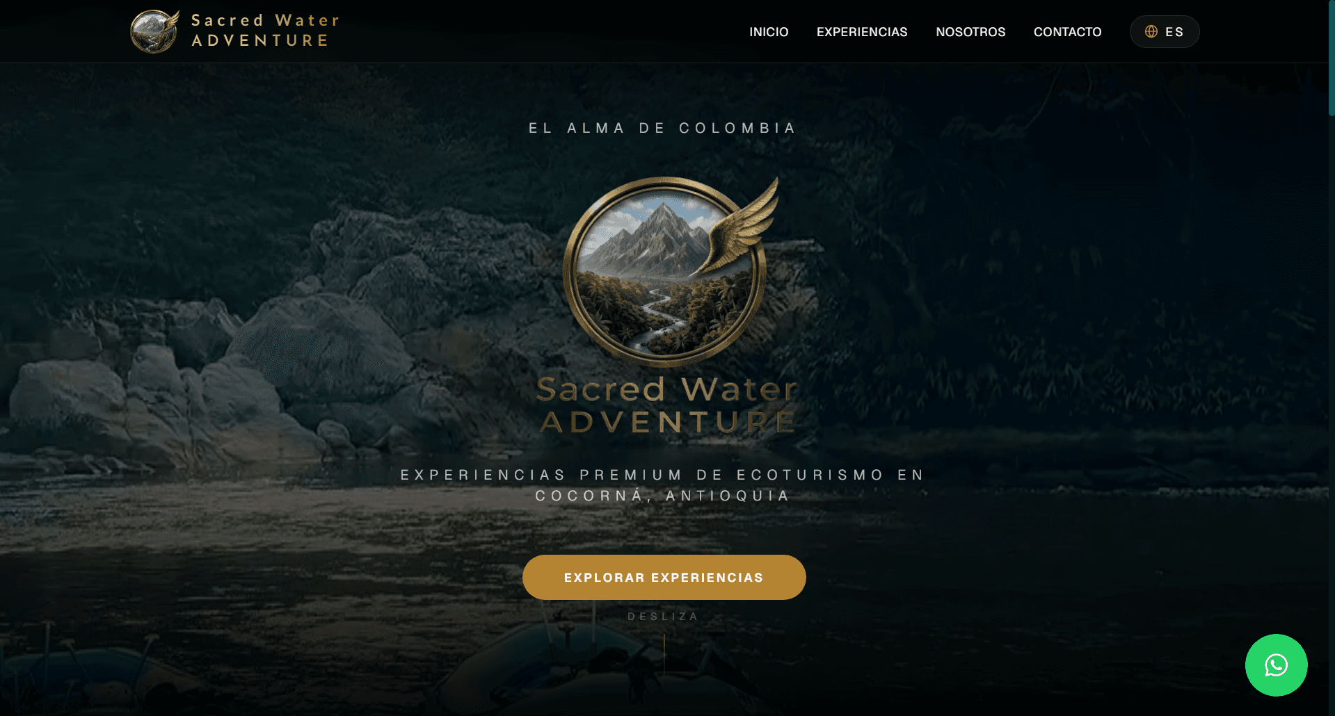 Sitio web de Sacred Water Adventure, experiencia de ecoturismo y reservas en Colombia